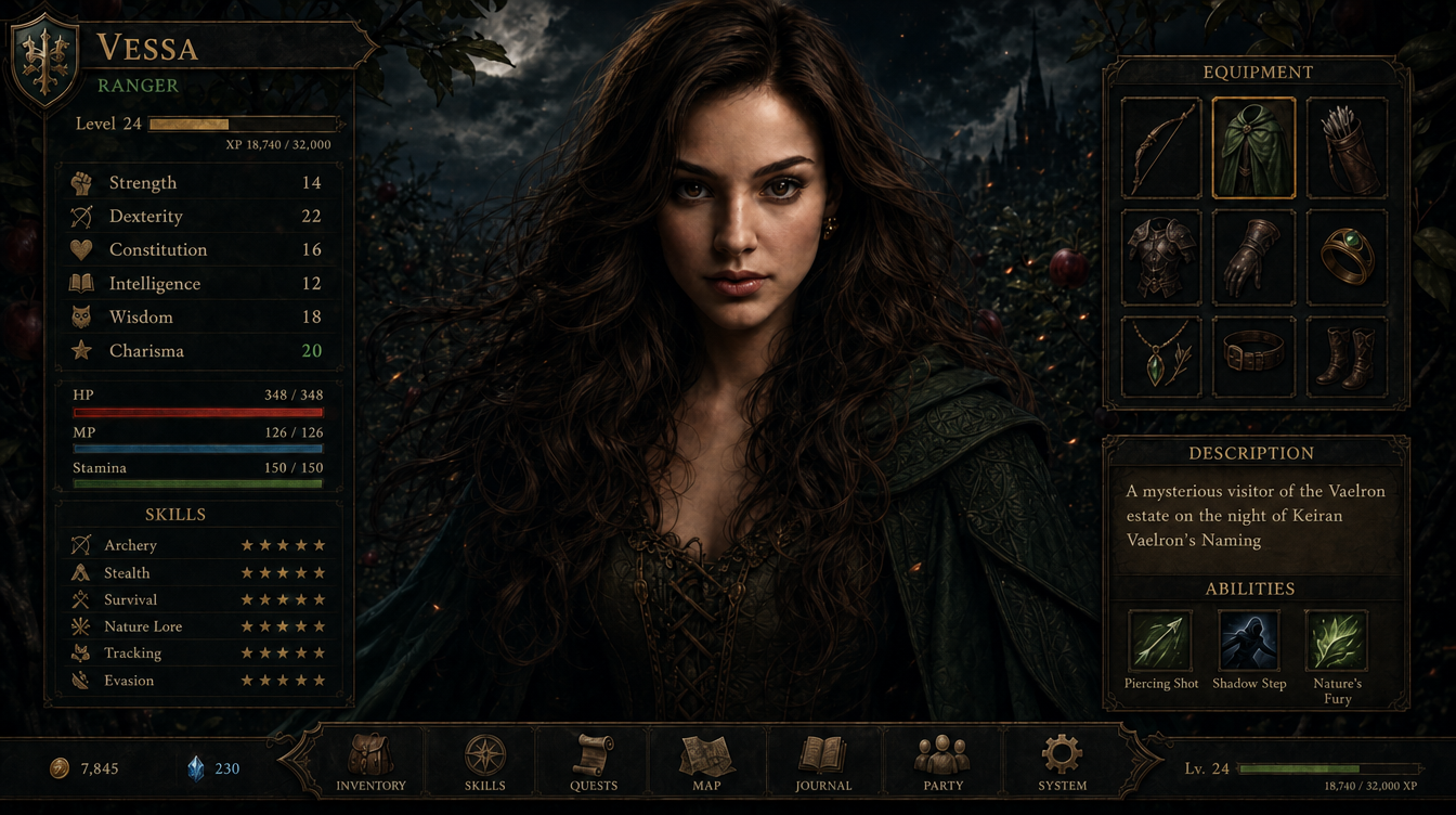 Vessa character sheet — game UI mockup with stats, equipment, and abilities